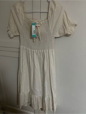 Kaileigh Cream Smocked Dress with Puff Sleeves